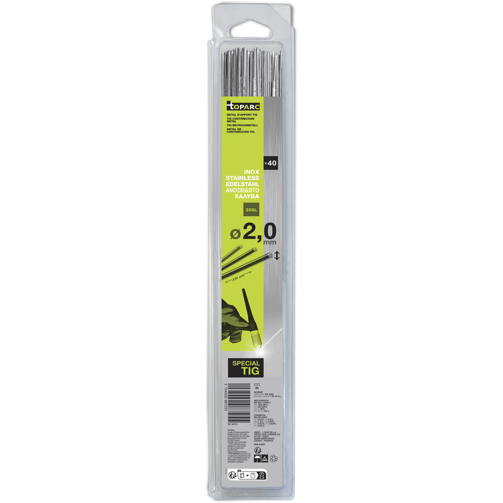 40 BAGUETTES TIG INOX - 308L Ø2,0 - 330mm - Blister 0,33kg - GYS - 087255