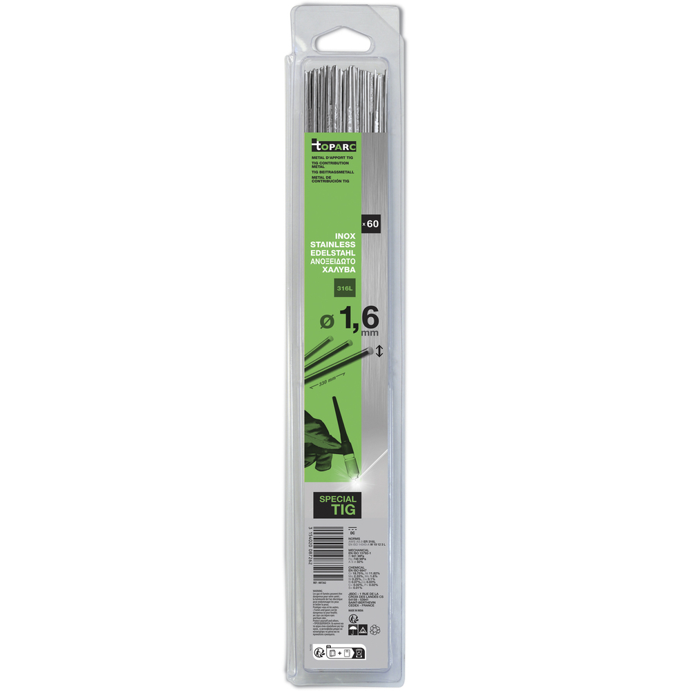 60 BAGUETTES TIG INOX - 316L Ø1,6 - 330mm - Blister 0,33kg - GYS - 087262