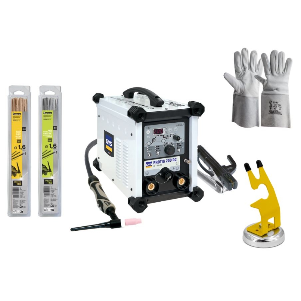 Poste à souder GYS TIG DC 200 A PROTIG 200 DC avec baguettes, supports et gants
