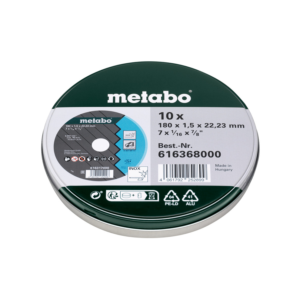 10 meules de tronçonnage 180x1,5x22,23 Inox, TF 41 - METABO - 616368000