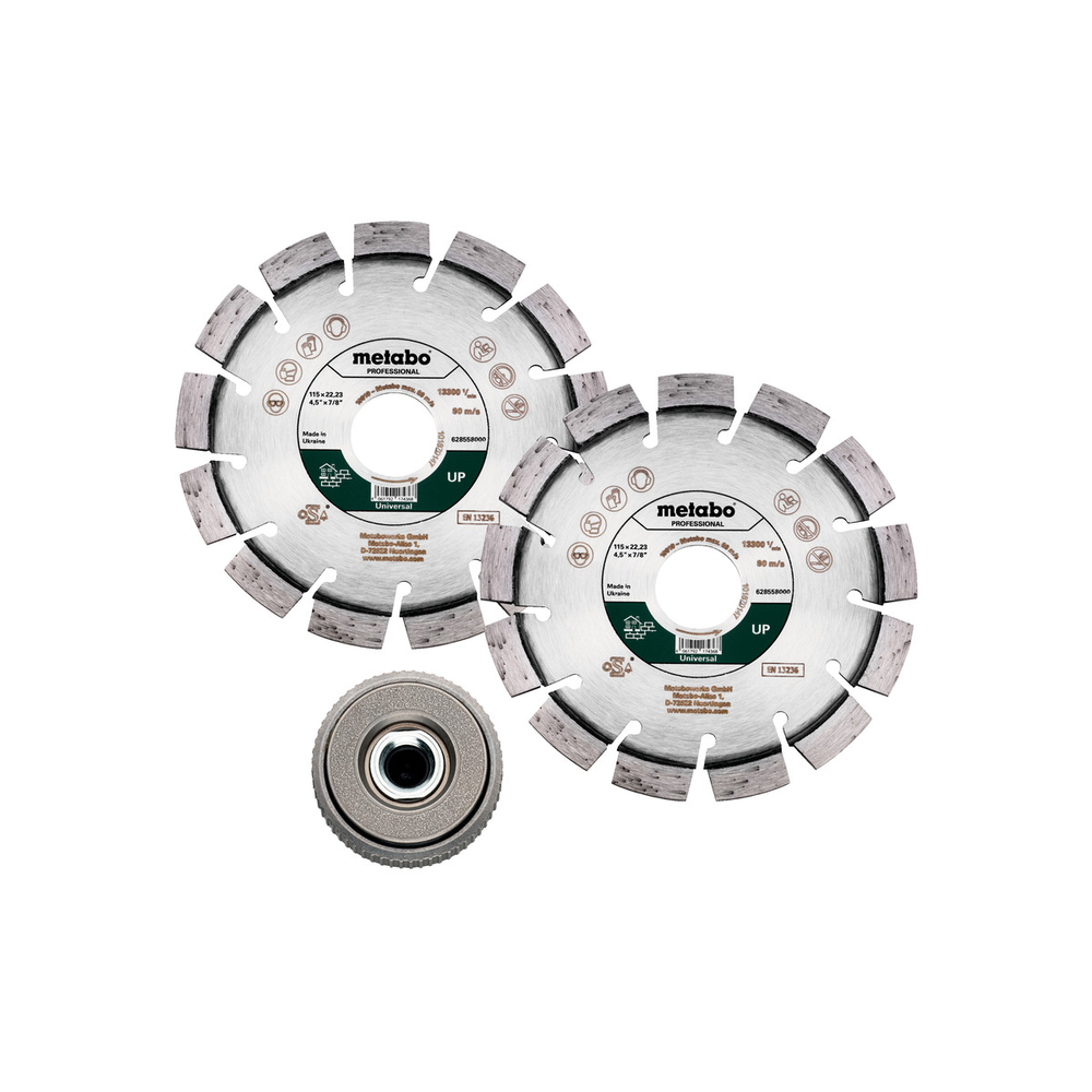 Set : 2 x meules de tronçonnage diamantées 115x22,23mm, « UP » + 1 x écrou de serrage rapide M 14 - METABO - 628581000