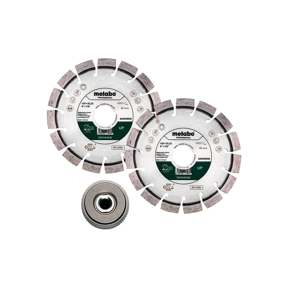Set : 2 x meules de tronçonnage diamantées 125x22,23mm, « UP » + 1 x écrou de serrage rapide M 14 - METABO - 628582000