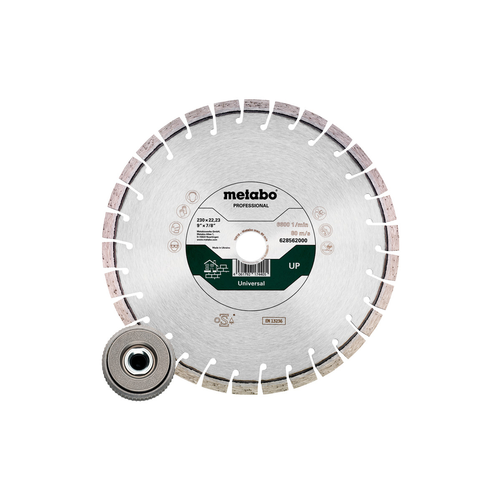 Set : 1 x meule de tronçonnage diamantée 230x22,23mm, « UP » + 1 x écrou de serrage rapide M 14 - METABO - 628583000