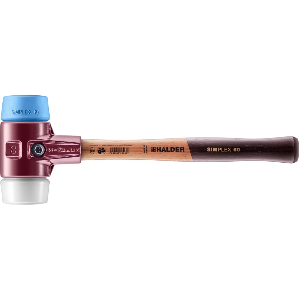 Maillet SIMPLEX avec boîtier en fonte malléable et manche en bois diam 60 superplastique TPE souple - HALDER - 3017.060