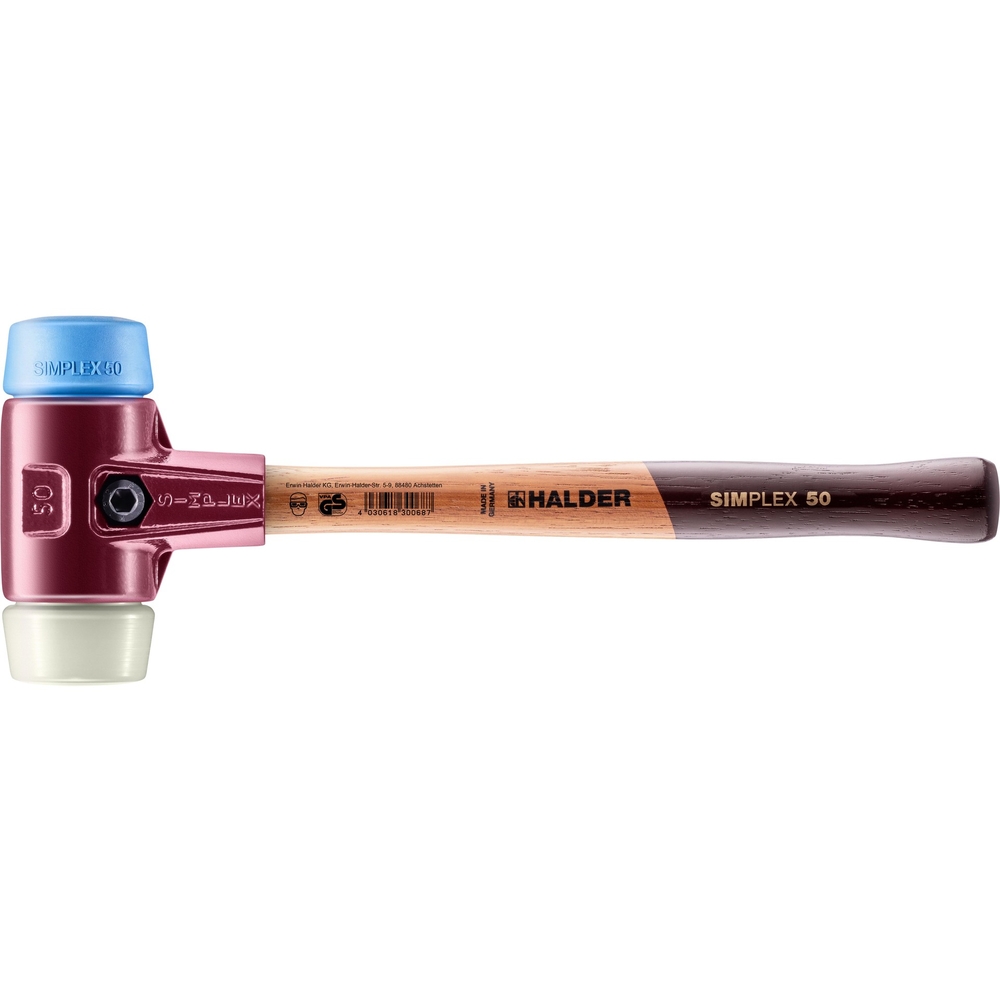 Maillet SIMPLEX avec boîtier en fonte malléable et manche en bois diam 50 TPE souple nylon - HALDER - 3018.050
