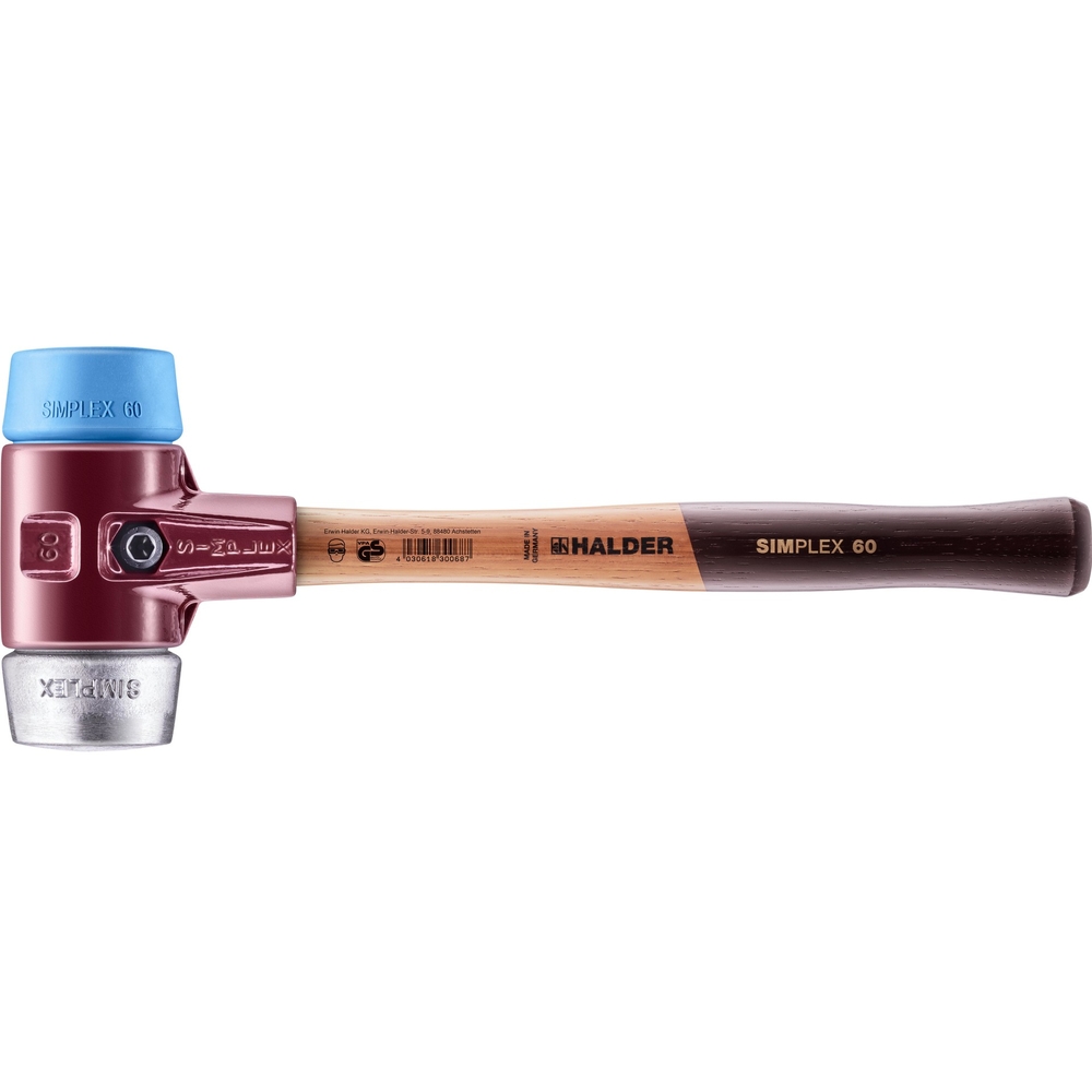 Maillet SIMPLEX avec boîtier en fonte malléable et manche en bois diam 60 TPE souple métal doux - HALDER - 3019.060