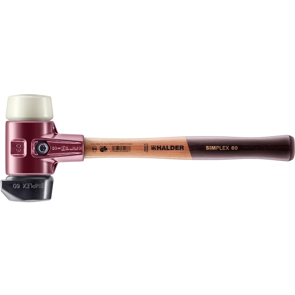 Maillet SIMPLEX boîtier en fonte malléable et manche en bois diam 60 caoutchouc pied intégré Nylon rond - HALDER - 3028.260