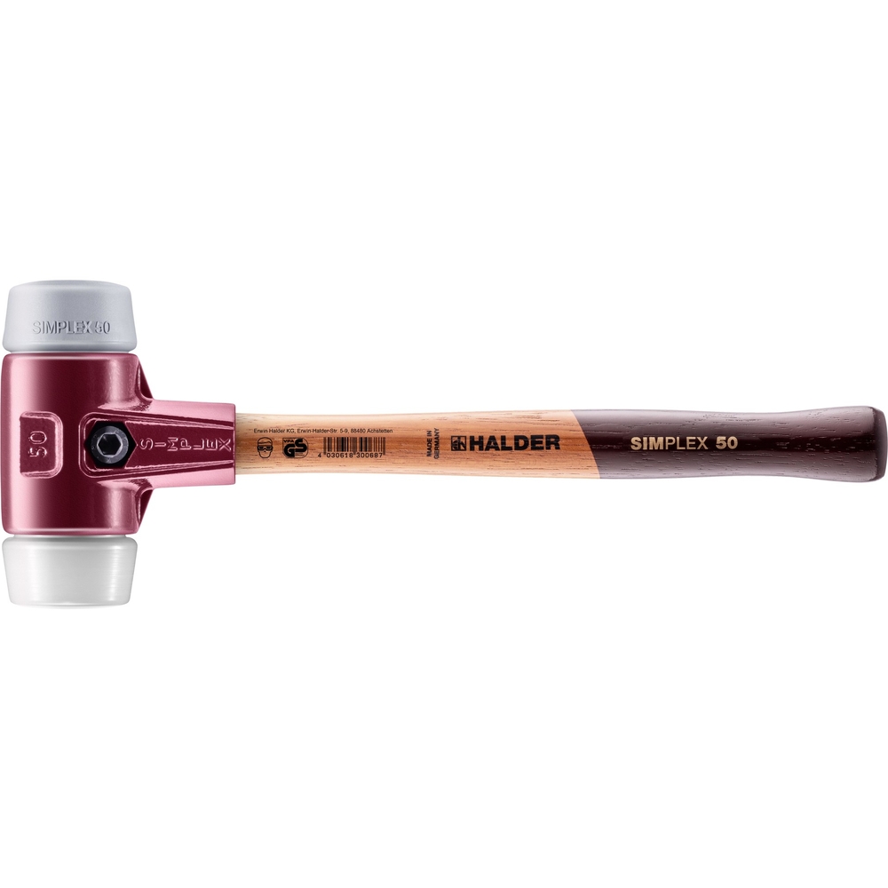Maillet SIMPLEX avec boîtier en fonte malléable et manche en bois diam 50 TPE moyen superplastique - HALDER - 3037.050