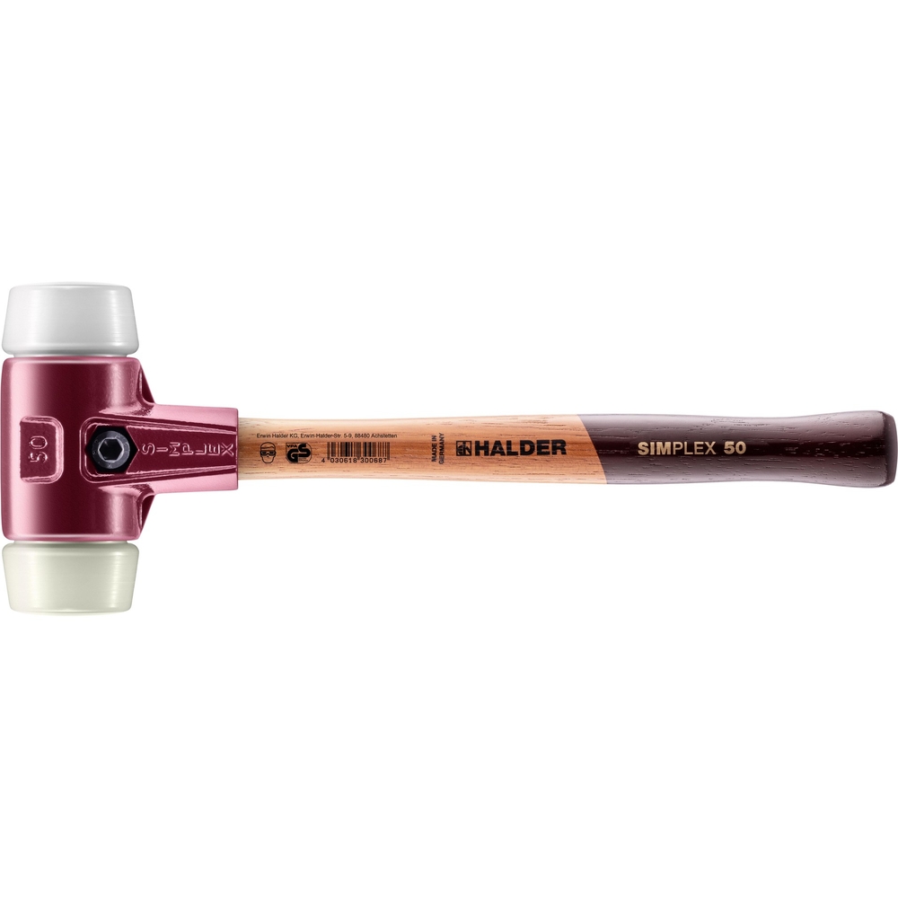 Maillet SIMPLEX avec boîtier en fonte malléable et manche en bois diam 50 superplastique nylon - HALDER - 3078.050