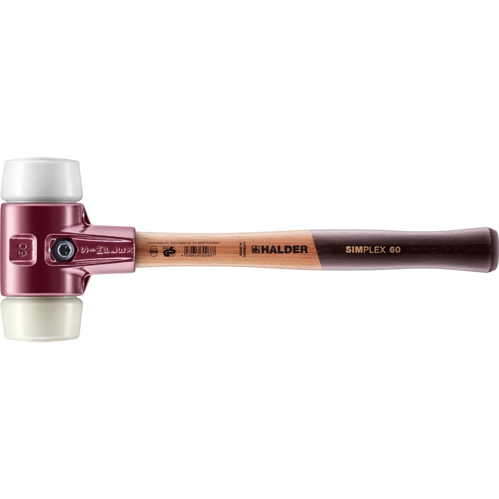 Maillet SIMPLEX avec boîtier en fonte malléable et manche en bois diam 60 superplastique nylon - HALDER - 3078.060
