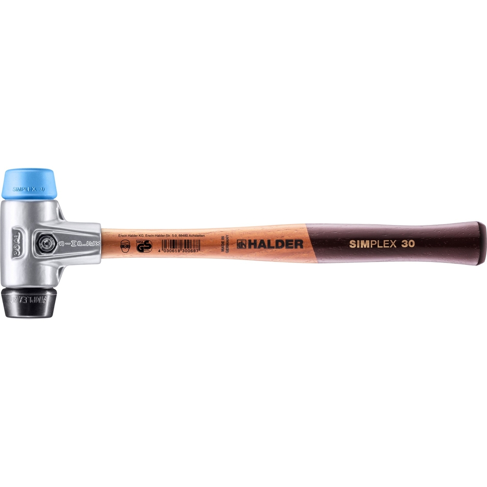 Maillet SIMPLEX avec boîtier en aluminium et manche en bois diam 30 TPE souple caoutchouc chargé - HALDER - 3112.030