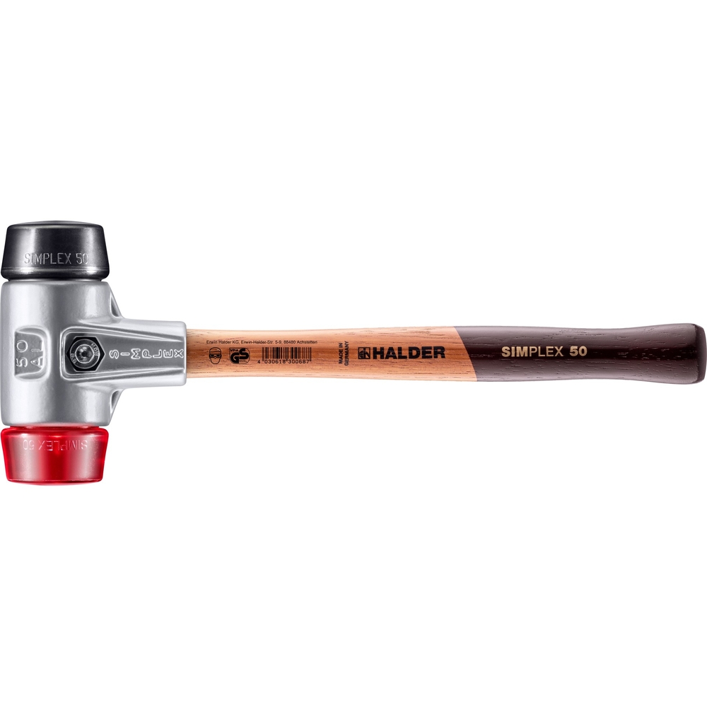 Maillet SIMPLEX avec boîtier en aluminium et manche en bois diam 50 caoutchouc chargé plastique - HALDER - 3126.050