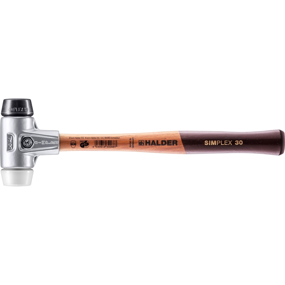 Maillet SIMPLEX avec boîtier en aluminium et manche en bois diam 30 caoutchouc chargé superplastique - HALDER - 3127.030