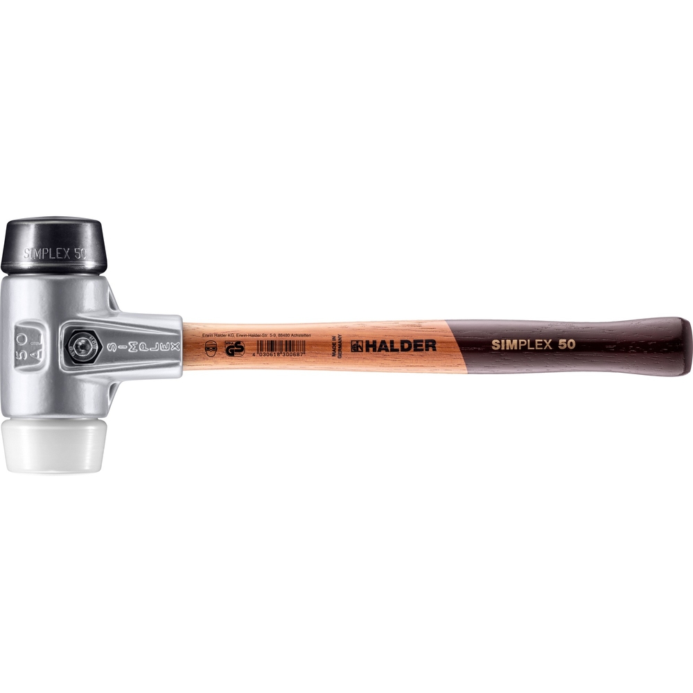 Maillet SIMPLEX avec boîtier en aluminium et manche en bois diam 50 caoutchouc chargé superplastique - HALDER - 3127.050