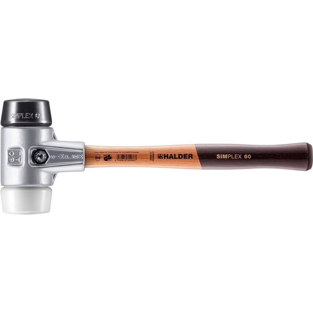 Maillet SIMPLEX avec boîtier en aluminium et manche en bois diam 60 caoutchouc chargé superplastique - HALDER - 3127.060