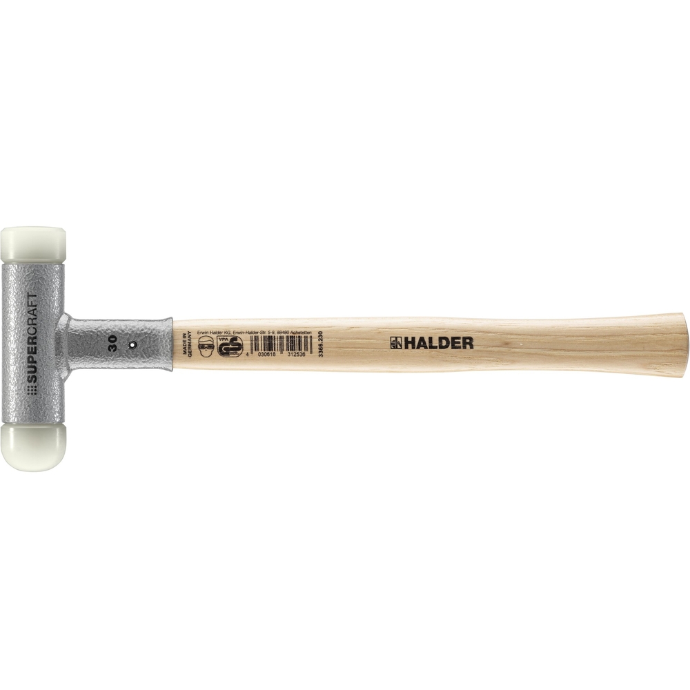 Maillet SUPERCRAFT sans rebond avec manche en Hickory diam 30 embout nylon plat + arrondi - HALDER - 3366.230
