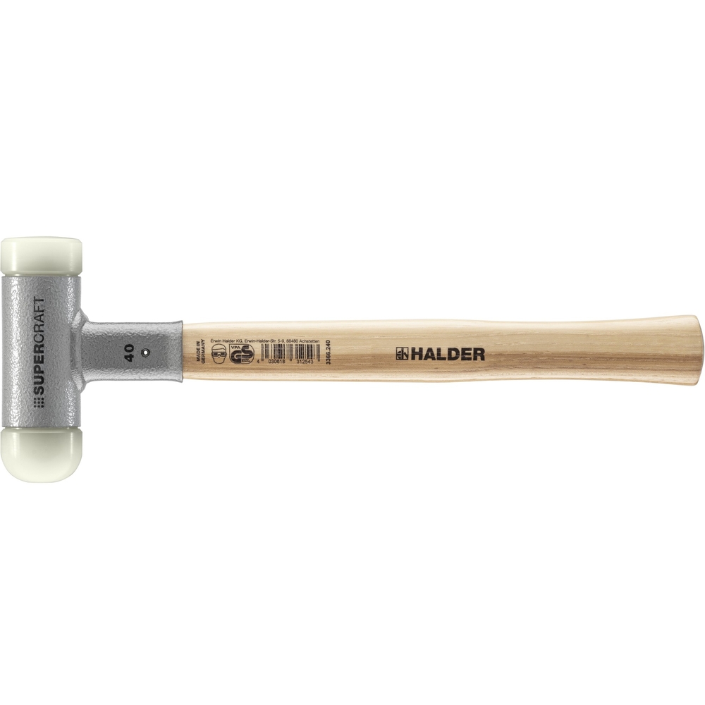 Maillet SUPERCRAFT sans rebond avec manche en Hickory diam 40 + embout nylon plat et arrondi - HALDER - 3366.240