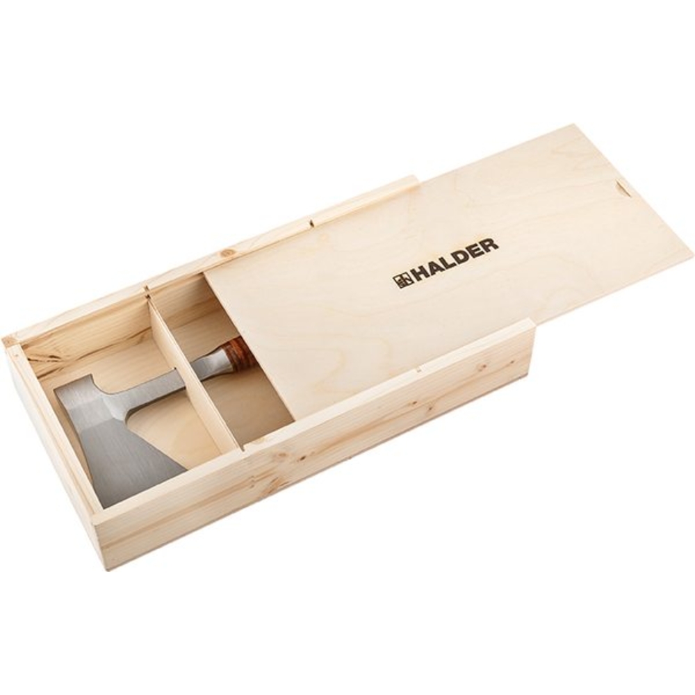 Hâchette manche cuir longueur 370 mm lame 90 mm étui cuir boite bois - HALDER - 3555s001