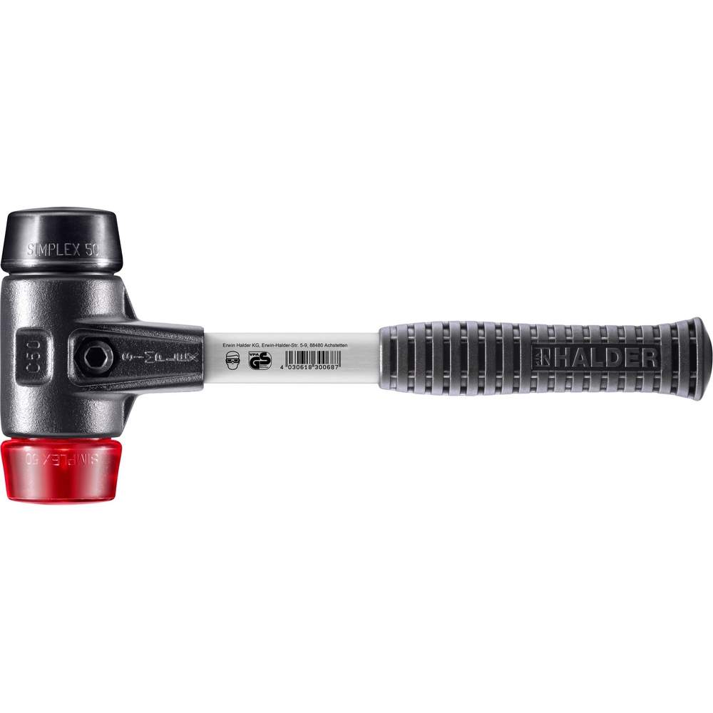 Maillet SIMPLEX boîtier fonte malléable renforcée et manche fibre de verre diam 50 caoutchouc chargé plastique - HALDER - 3726.050