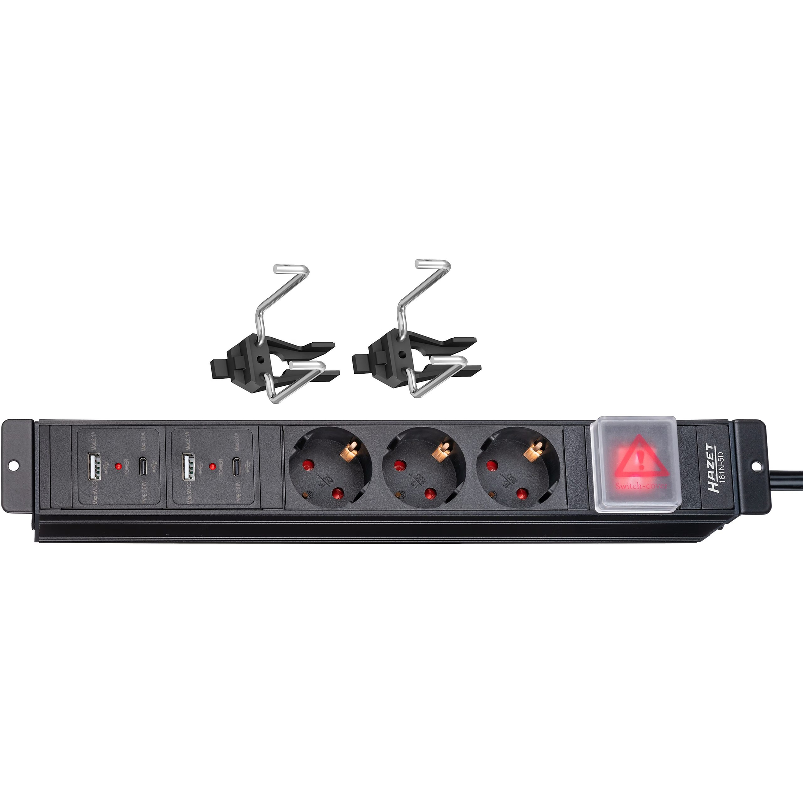 Bloc multiprises 3 prises Schuko 230 V 2 USB-A 2 USB-C 205 cm câble HAZET - 161N-5D