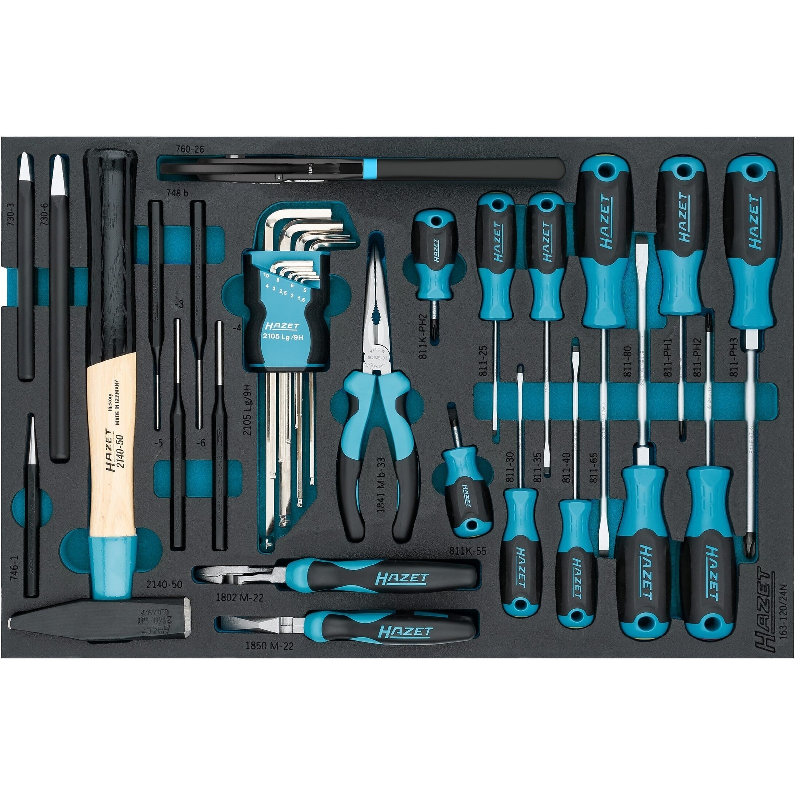 Jeu d'outils 24 pièces profils Phillips PH fente et six pans intérieurs 3/3 519 x 342 mm mousse SIS HAZET - 163-120/24N