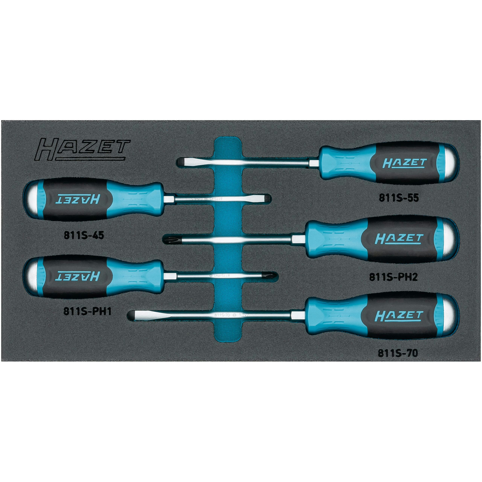 Jeu de tournevis 5 pièces Profil Phillips PH et fente avec percuteur mousse SIS HAZET - 163-264/5N