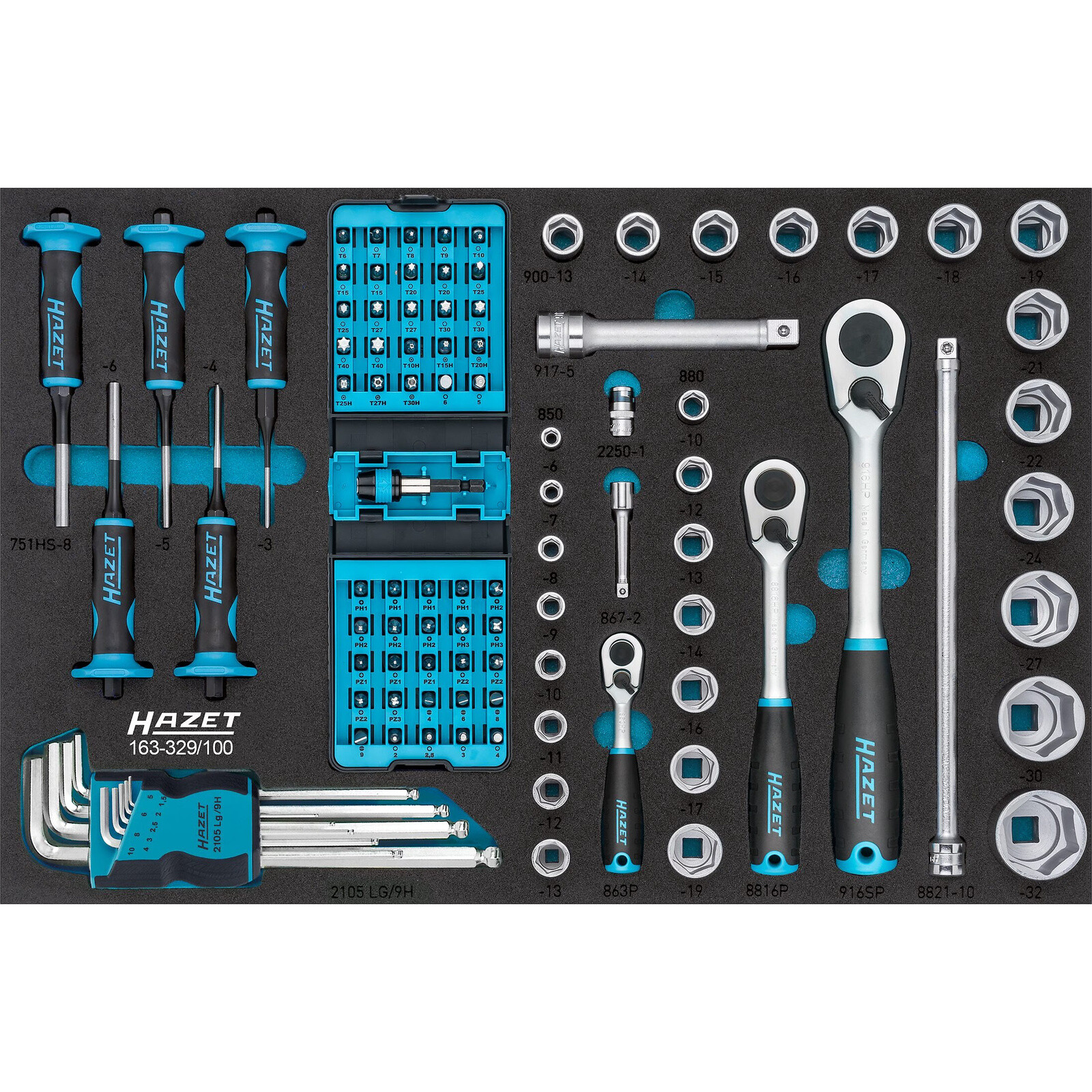 Jeu d'outils 100 pièces carré creux 1/4 3/8 1/2 pouce avec cliquet HiPer mousse bimatière HAZET - 163-329/100