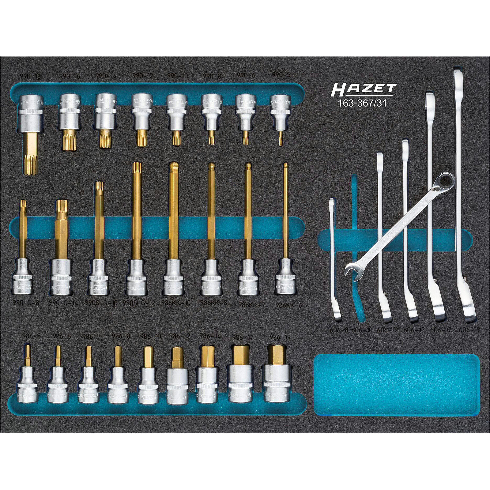 Jeu de douilles mâles 31 pièces carré creux 1/2 pouce 12,5 mm profil Traction 12 pans mousse Safety-Insert-System HAZET - 163-367/31