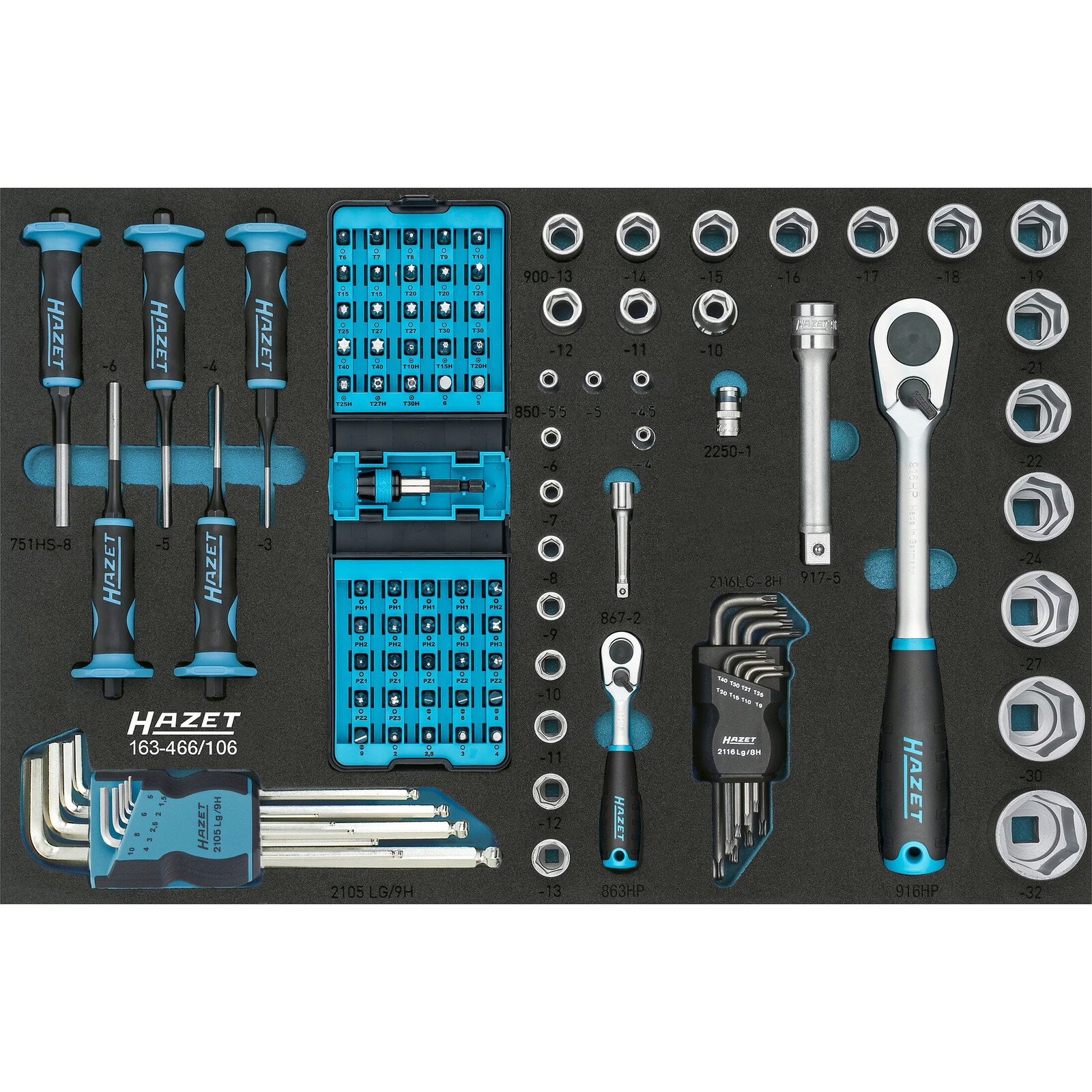 Jeu d'outils 106 pièces carré creux 1/4 et 1/2 pouce hexagone massif 1/4 pouce avec mousse Safety-Insert-System HAZET - 163-466/106
