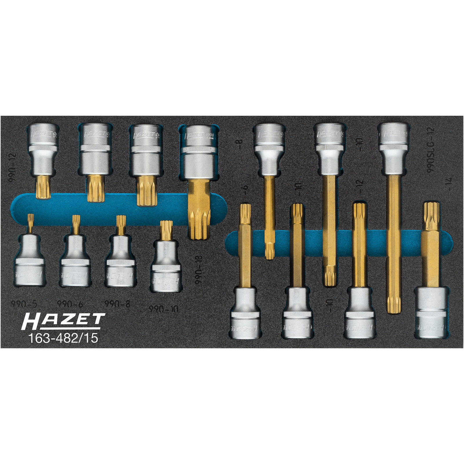 Jeu de douilles mâles XZN 15 pièces carré creux 1/2 pouce 12,5 mm revêtement TIN avec mousse SIS HAZET - 163-482/15