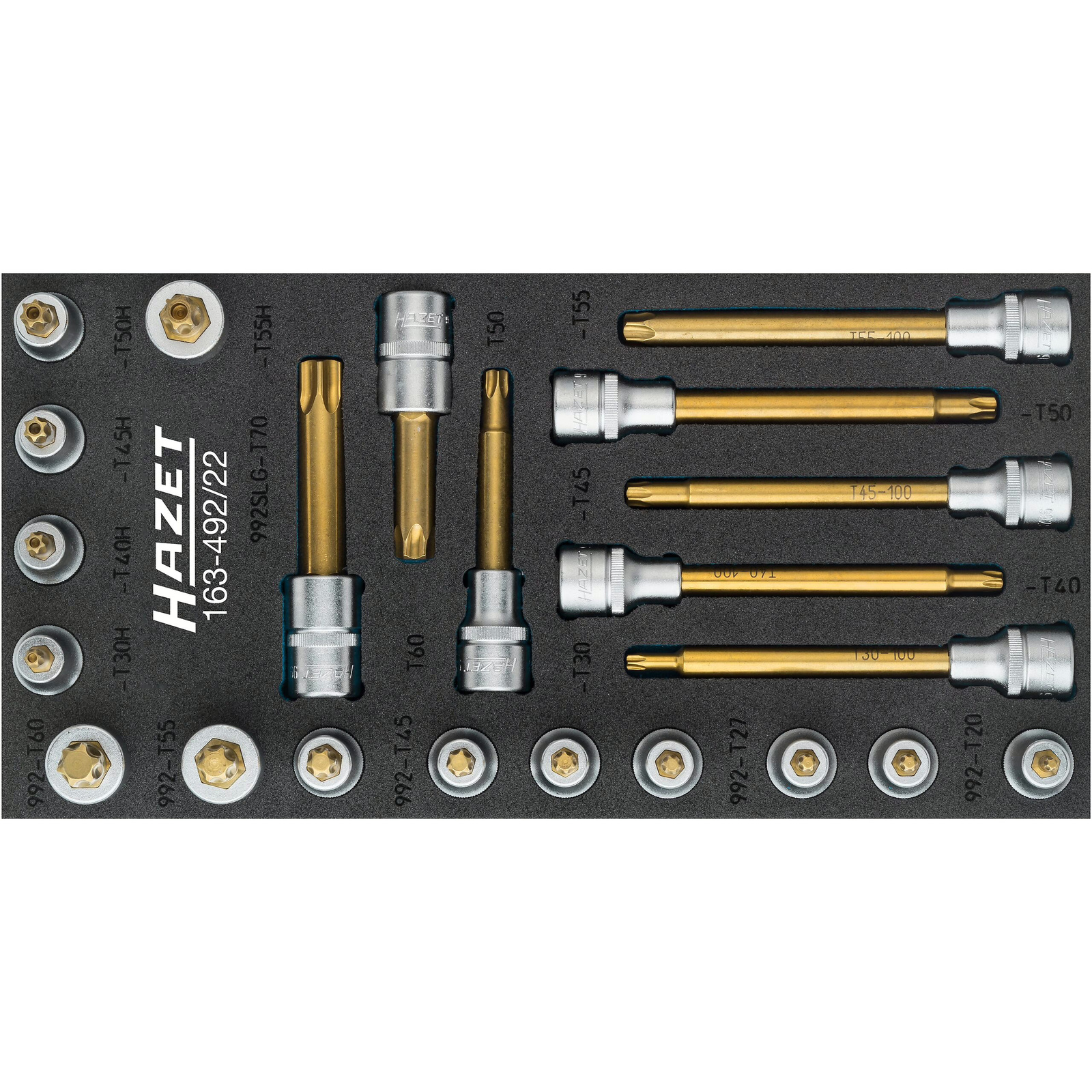 Jeu de douilles mâles TORX 22 pièces 1/2 pouce 12,5 mm revêtement TIN avec mousse Safety-Insert-System HAZET - 163-492/22