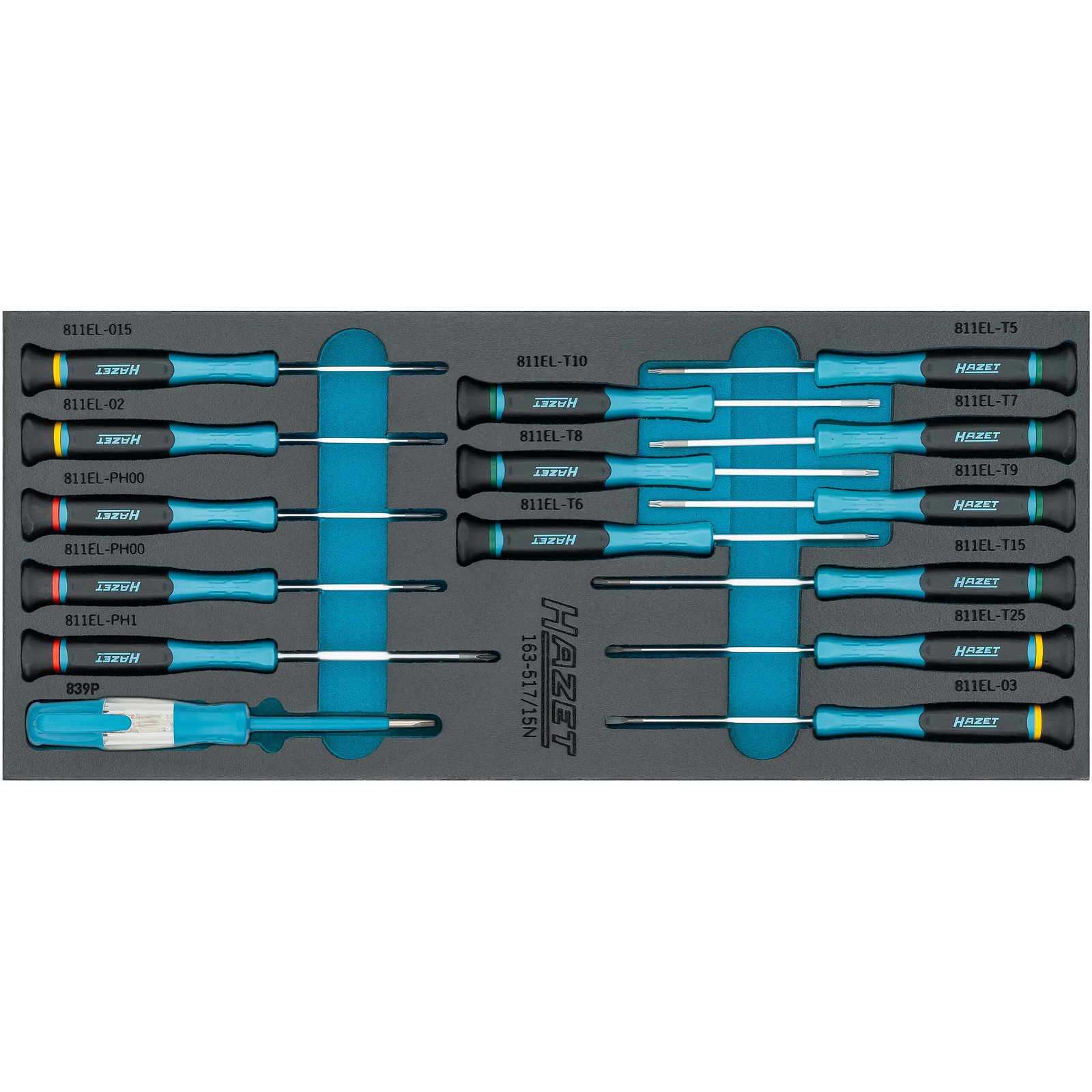 Jeu de tournevis électroniques 15 pièces profils fente Phillips PH TORX intérieur avec mousse SIS HAZET - 163-517/15N