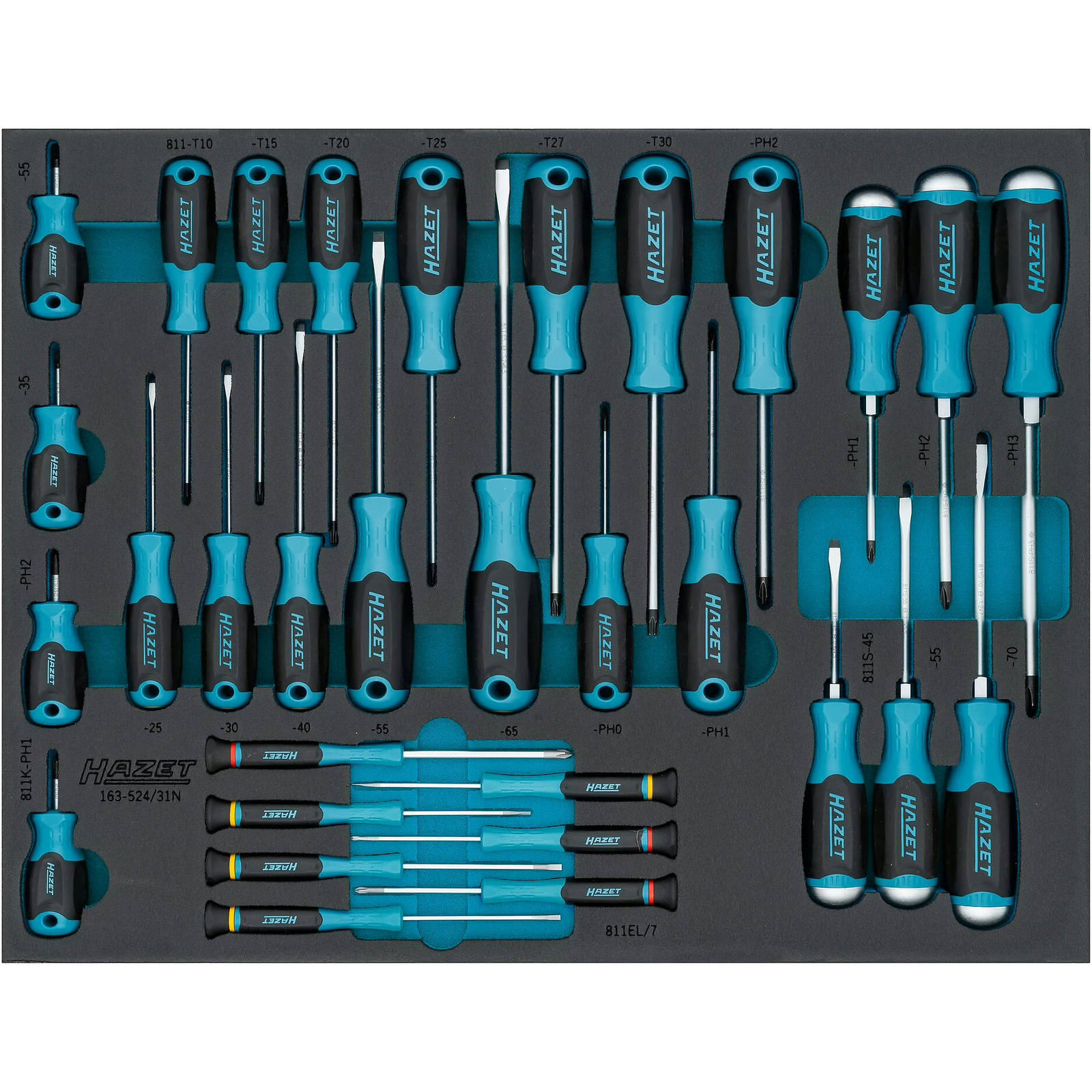 Jeu de tournevis 31 pièces profils fente Phillips PH TORX intérieur mousse bimatière HAZET - 163-524/31N
