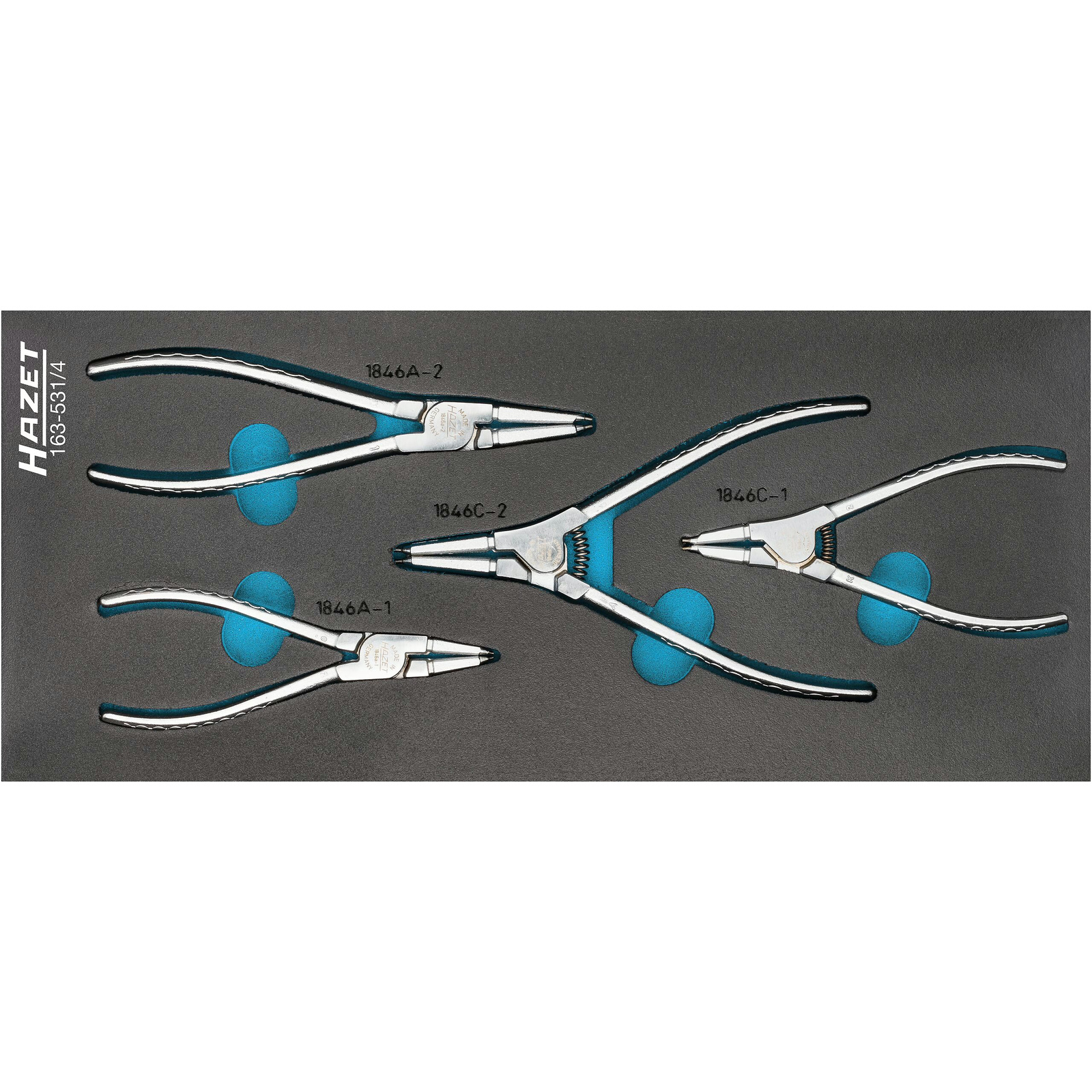 Jeu de pinces à circlips 4 pièces avec garniture mousse Safety-Insert-System 1/3+ 392x172 mm HAZET - 163-531/4