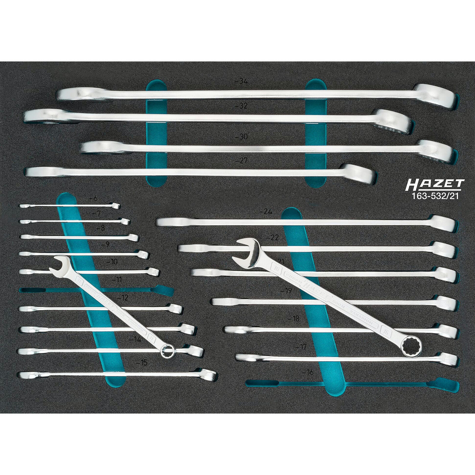 Jeu de clés mixtes 21 pièces profils 12 et 6 pans avec mousse de rangement HAZET - 163-532/21