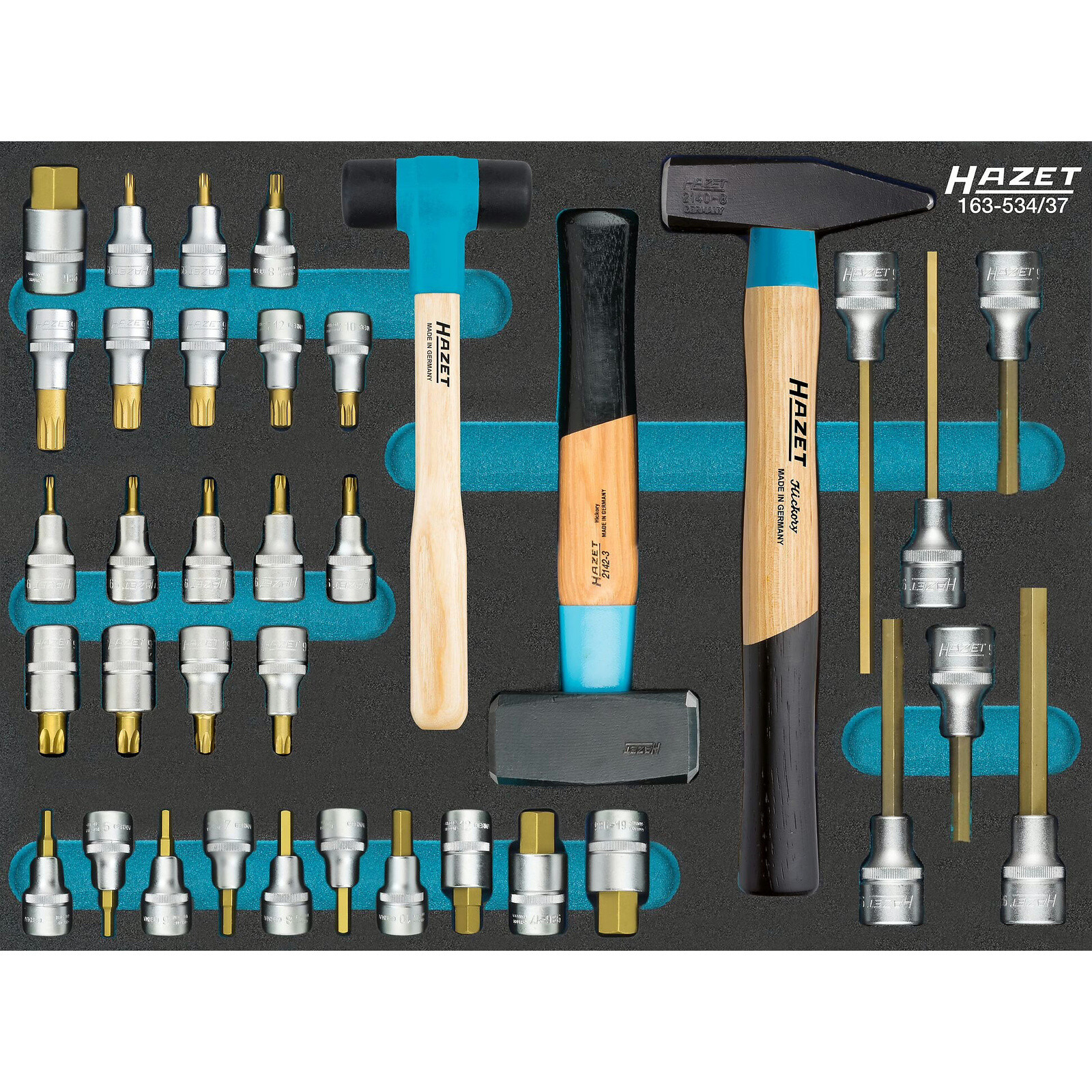 Jeu de douilles mâles carré creux 1/2 pouce 37 pièces profils TORX six pans XZN avec garniture mousse bimatière SIS HAZET - 163-534/37