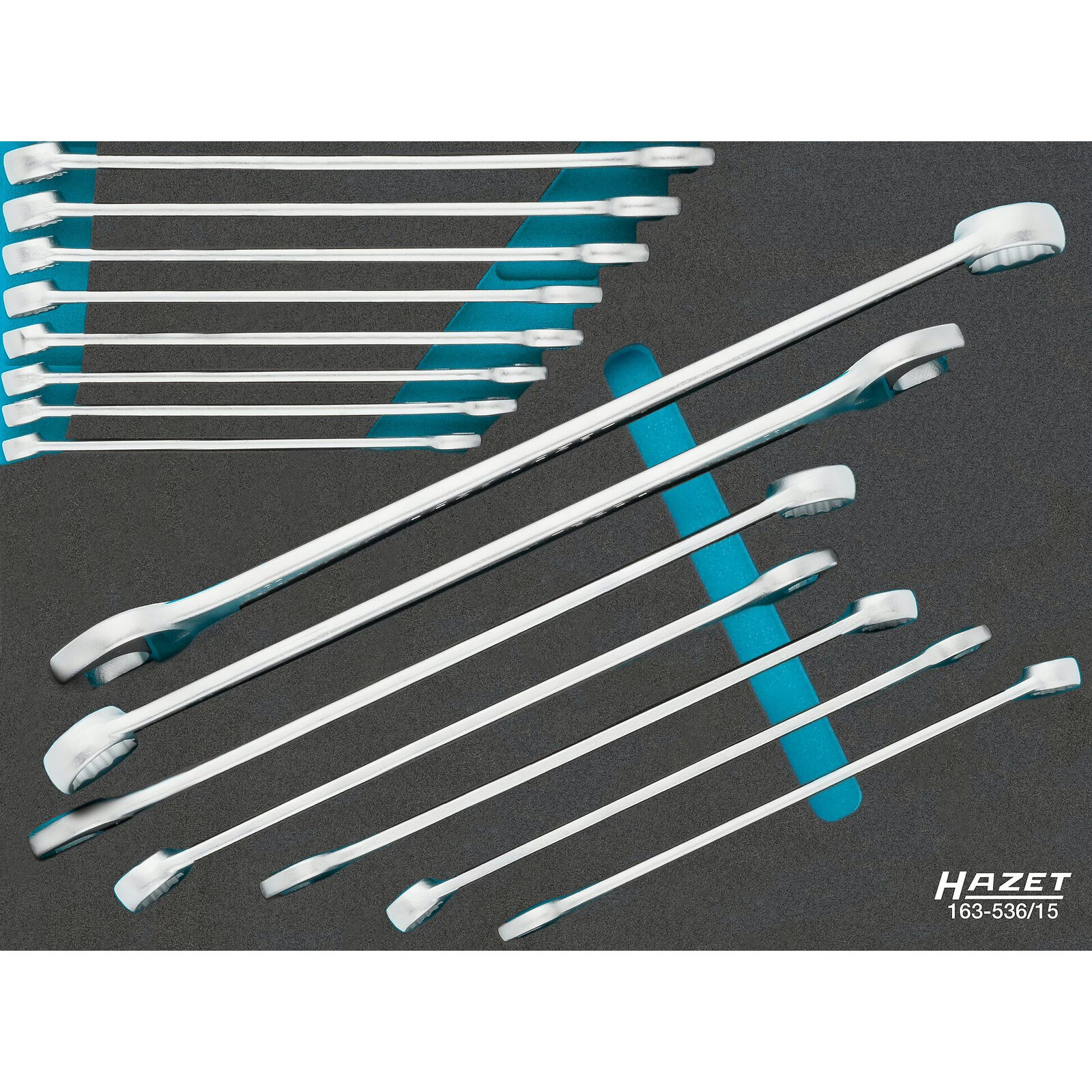 Jeu de clés mixtes 15 pièces profils 12 et 6 pans avec garniture mousse bimatière HAZET - 163-536/15
