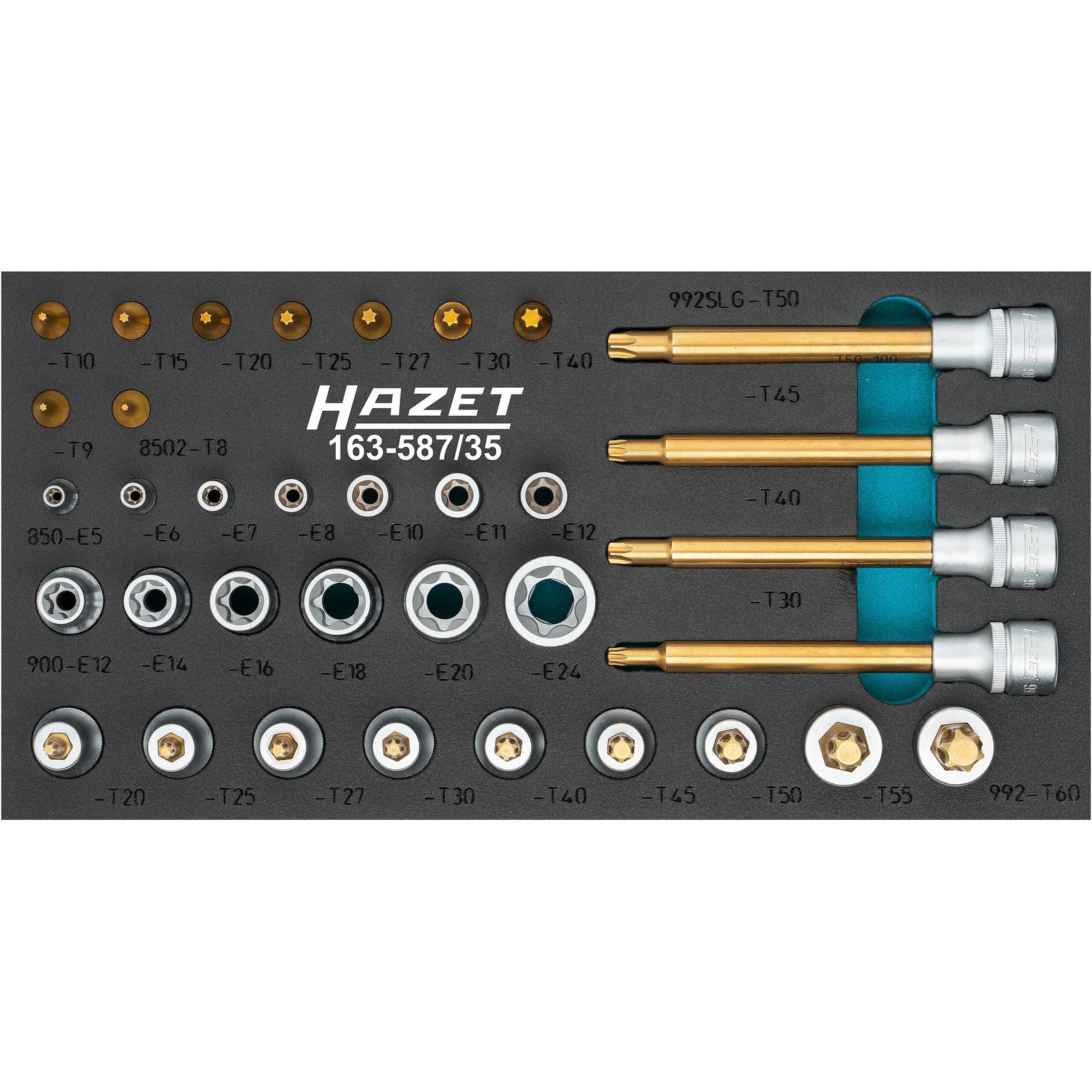 Jeu de douilles mâles TORX 35 pièces carrés creux 1/4 et 1/2 pouce mousse bimatière SIS HAZET - 163-587/35