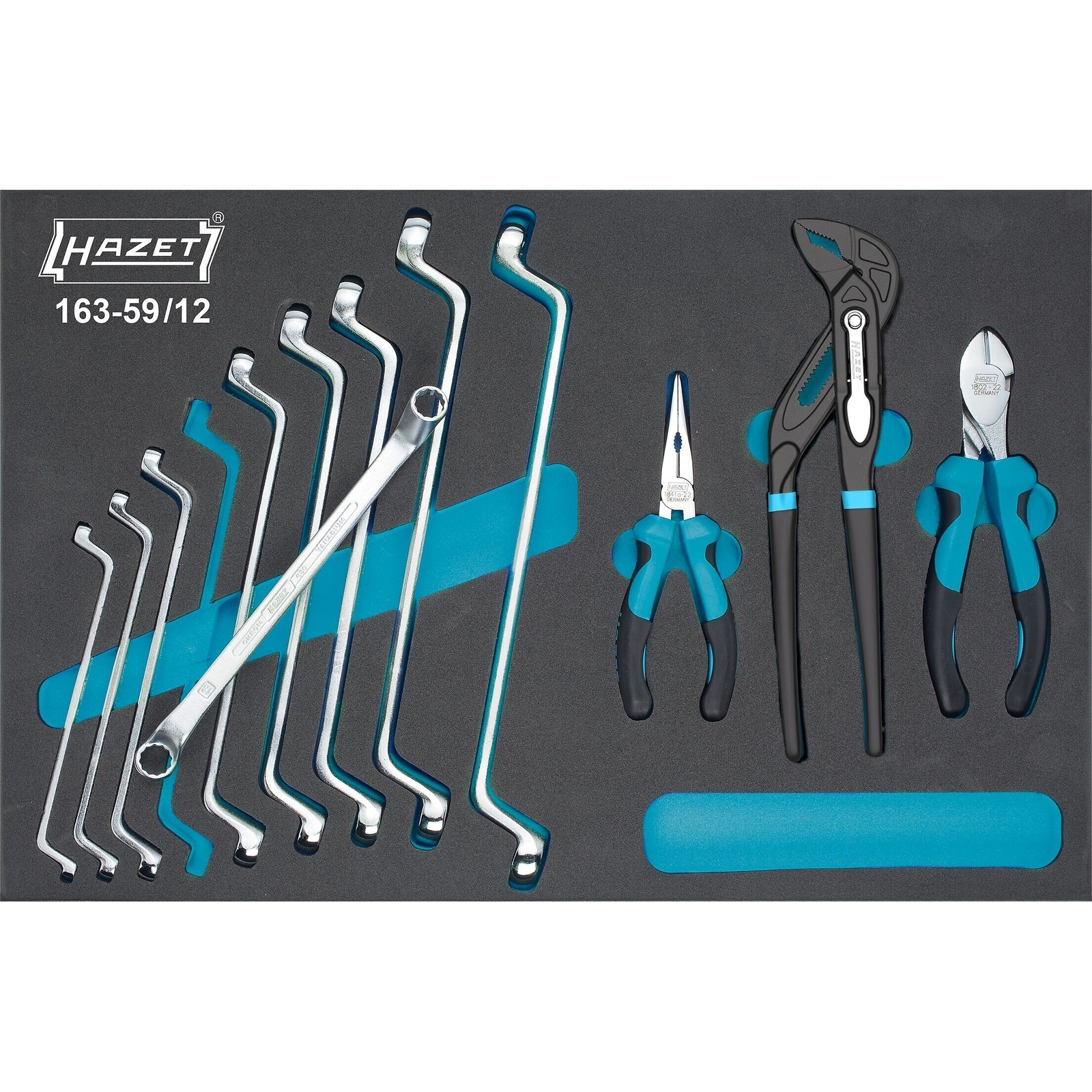 Jeu d'outils 12 pièces clés polygonales doubles et pinces profil 6 pans avec mousse SIS HAZET - 163-59/12
