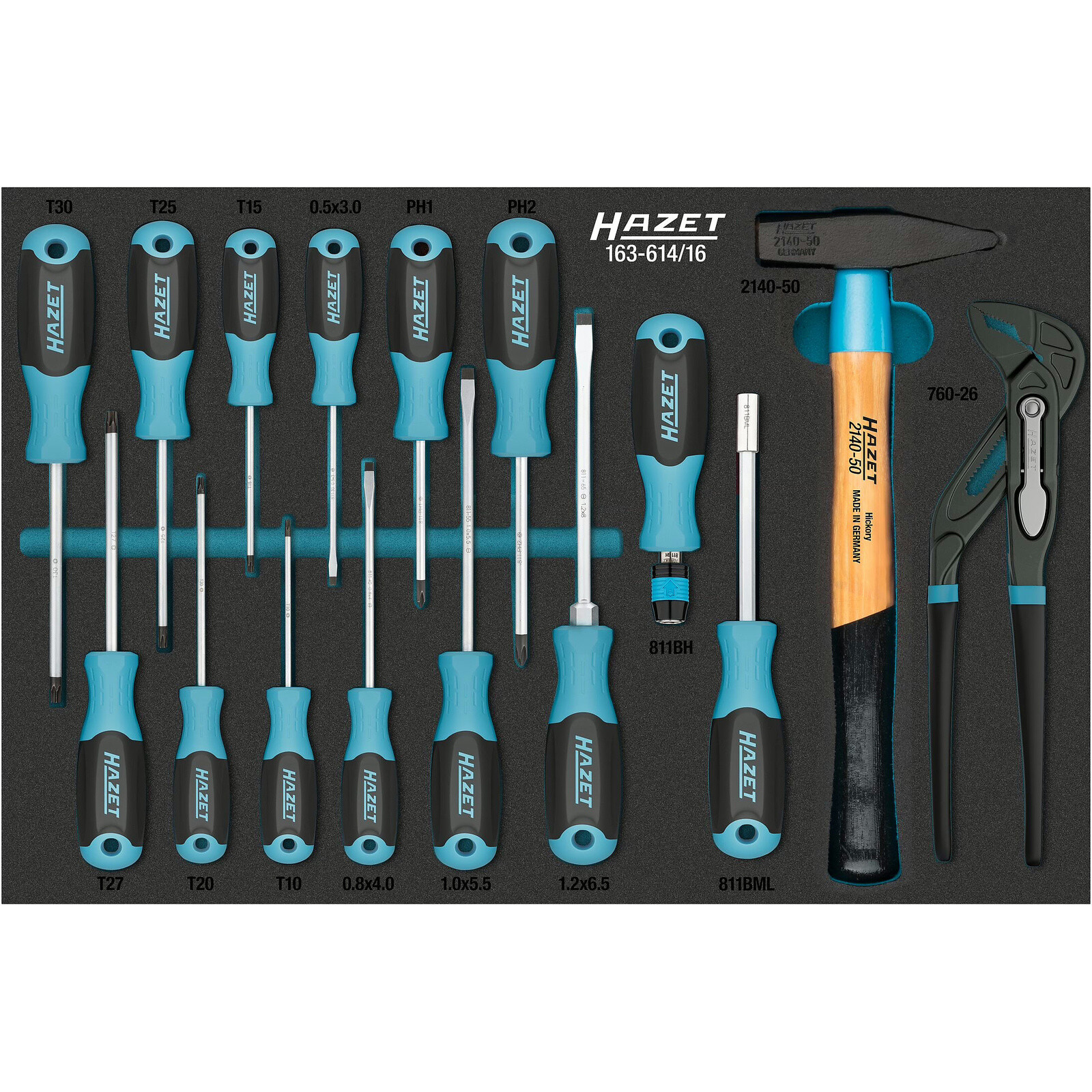 Jeu d'outils 16 pièces profils Phillips PH1-PH2 fente TORX intérieur avec mousse SIS HAZET - 163-614/16