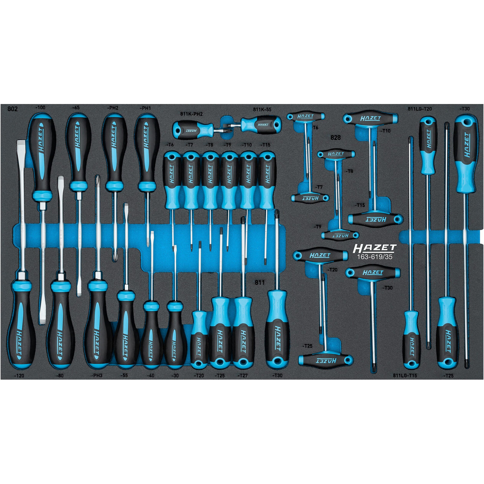 Jeu de tournevis 35 pièces profils TORX intérieur Phillips PH fente avec mousse SIS HAZET - 163-619/35
