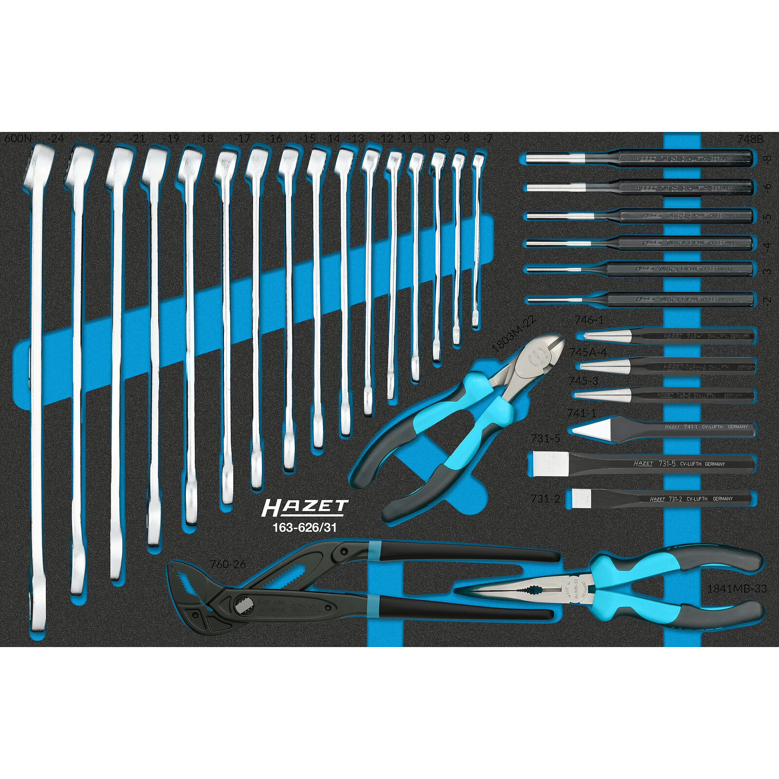 Jeu d'outils 31 pièces garniture mousse bimatière Safety-Insert-System 519 x 342 mm HAZET - 163-626/31