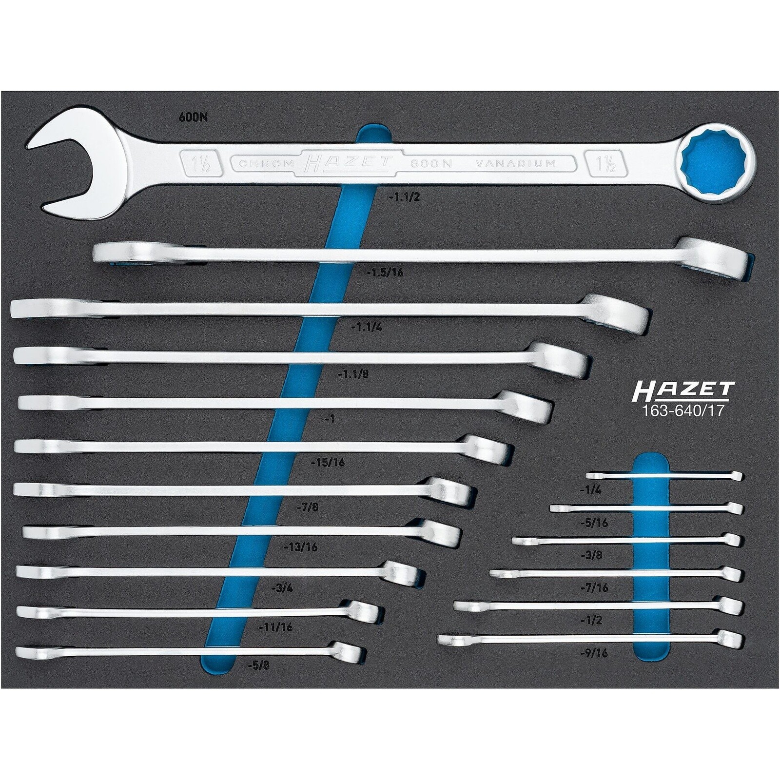 Jeu de clés de serrage 17 pièces profils 12 et 6 pans mousse bimatière SIS HAZET - 163-640/17