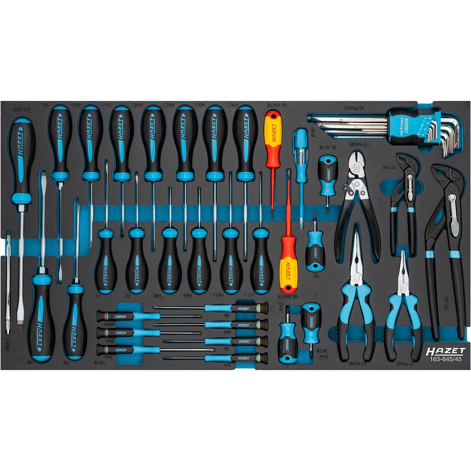 Jeu d'outils 45 pièces carré creux 1/4 pouce 6 pans mousse SIS HAZET - 163-645/45