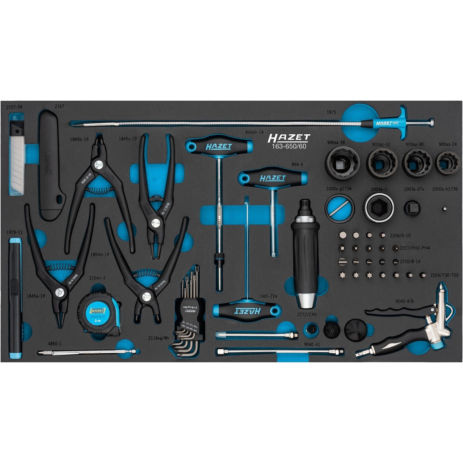 Jeu d'outils 60 pièces carré creux 1/4 pouce et hexagone massif 5/16 pouce profil Traction avec garniture mousse SIS HAZET - 163-650/60