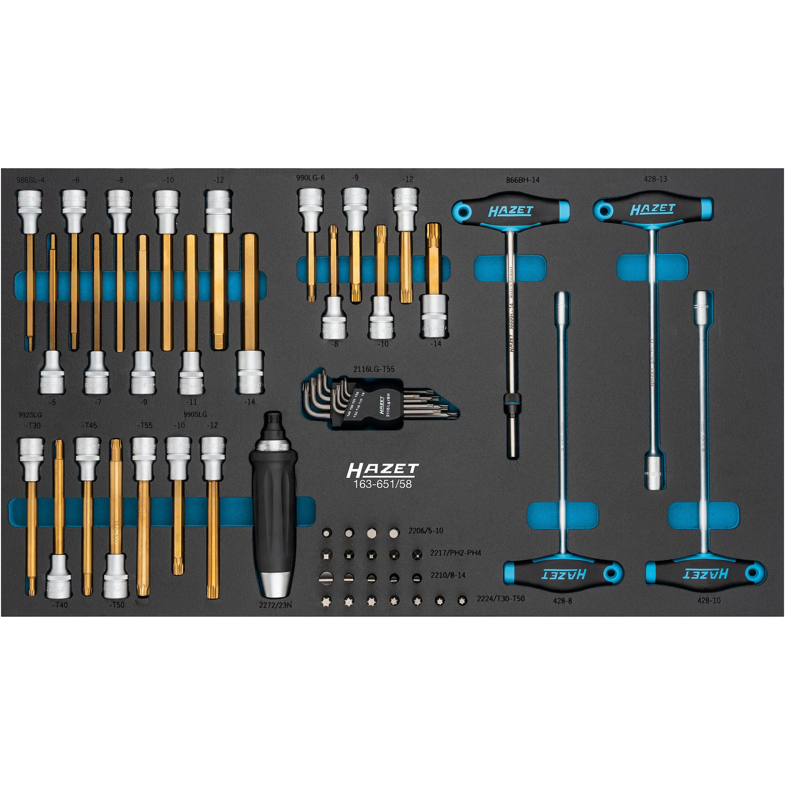 Jeu d'outils 58 pièces profil six pans carré creux 1/2 pouce 12,5 mm hexagone massif 5/16 pouce 8 mm SIS HAZET - 163-651/58