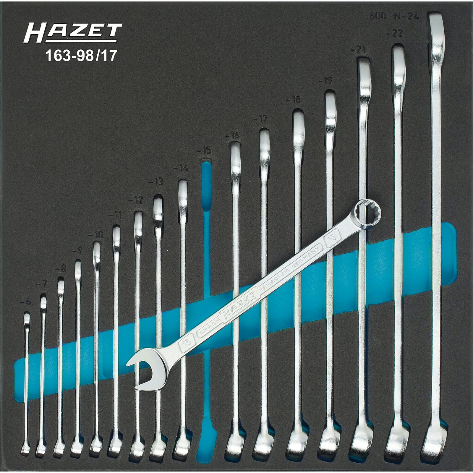 Jeu de clés mixtes 17 pièces 6–24 mm profil traction 12 pans avec mousse SIS HAZET - 163-98/17