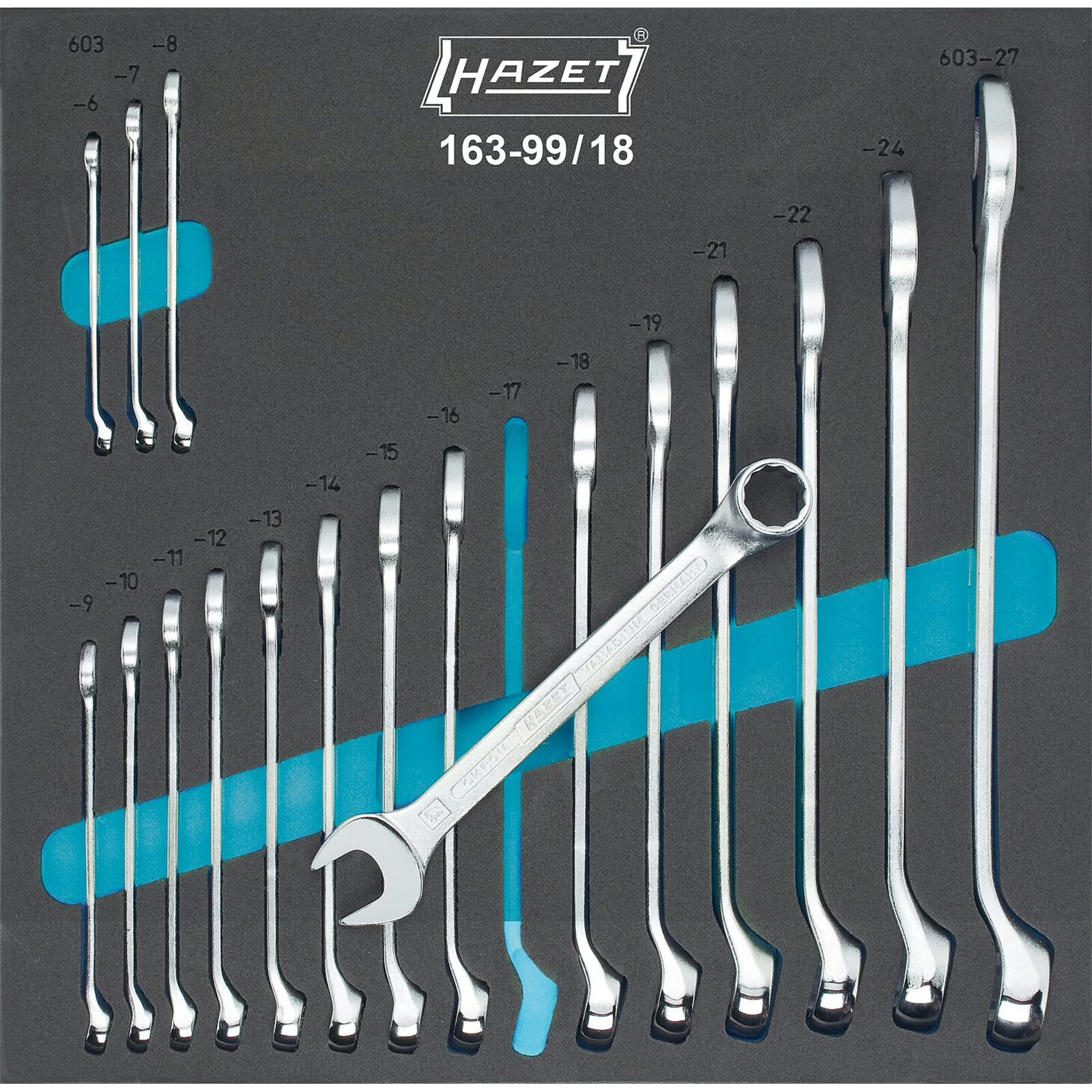 Jeu de clés mixtes 18 pièces 6–27 mm profil 12 pans avec garniture mousse Safety-Insert-System HAZET - 163-99/18