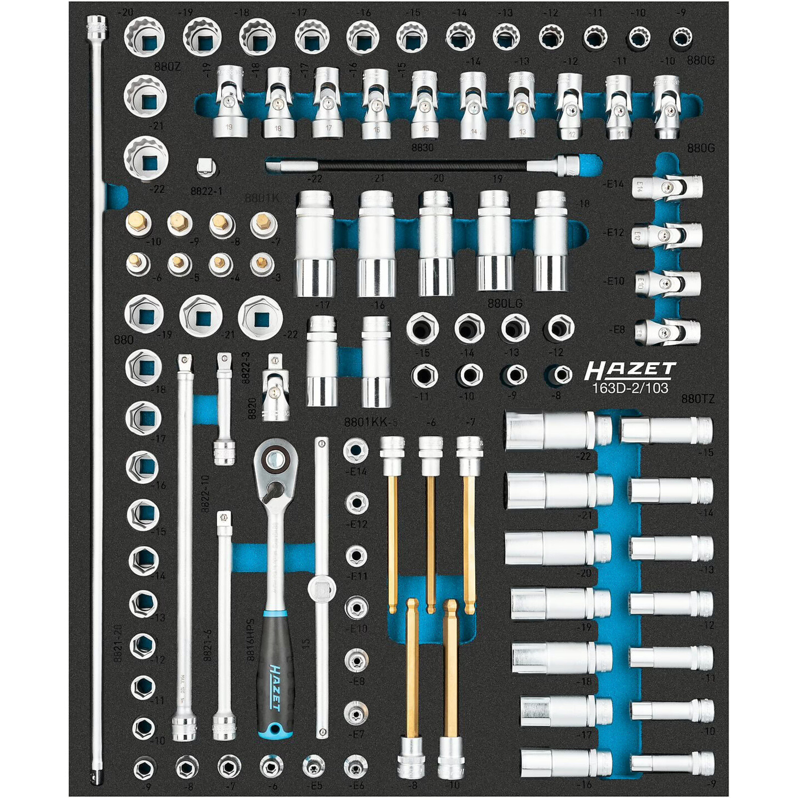 Jeu de clés à douilles 103 pièces carré creux 3/8 et 1/2 pouce avec cliquet HAZET - 163D-2/103