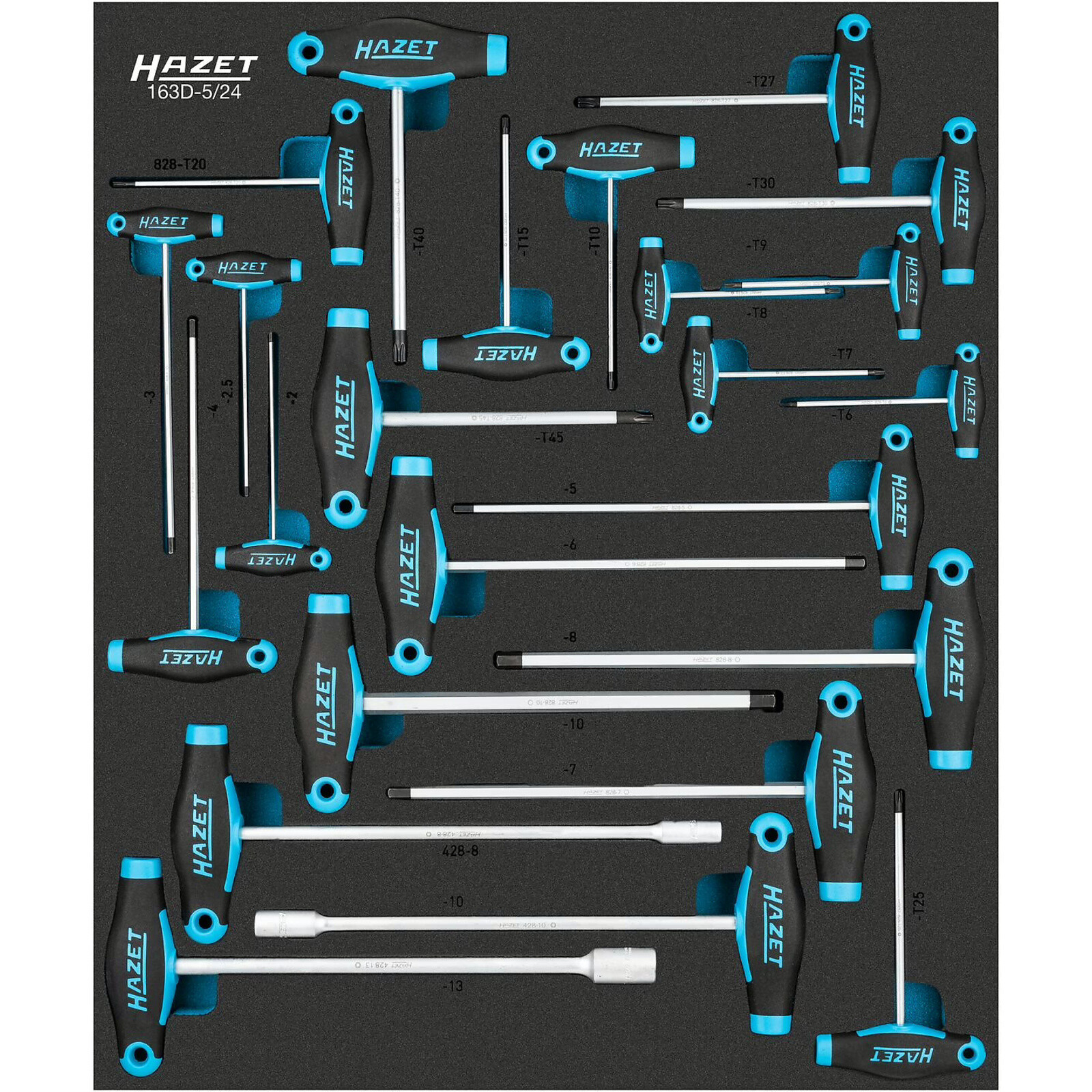 Jeu de clés à douilles 24 pièces profil six pans et TORX manche en T bimatière HAZET - 163D-5/24